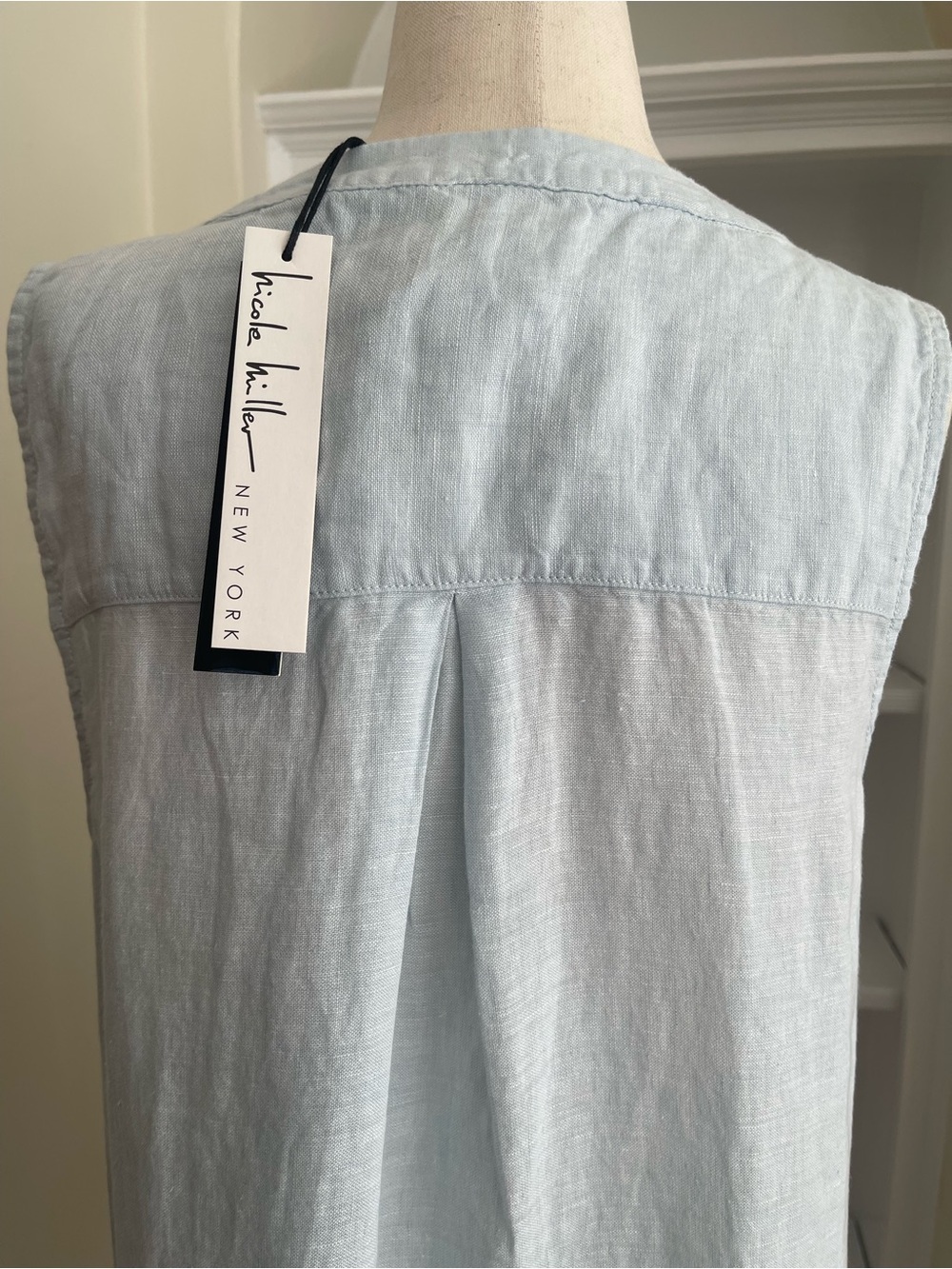 Nicole Miller 100% Linen -L- Light Blue Sleeveless V-Neck Linen Dress/Tunic - Picture 8 of 11